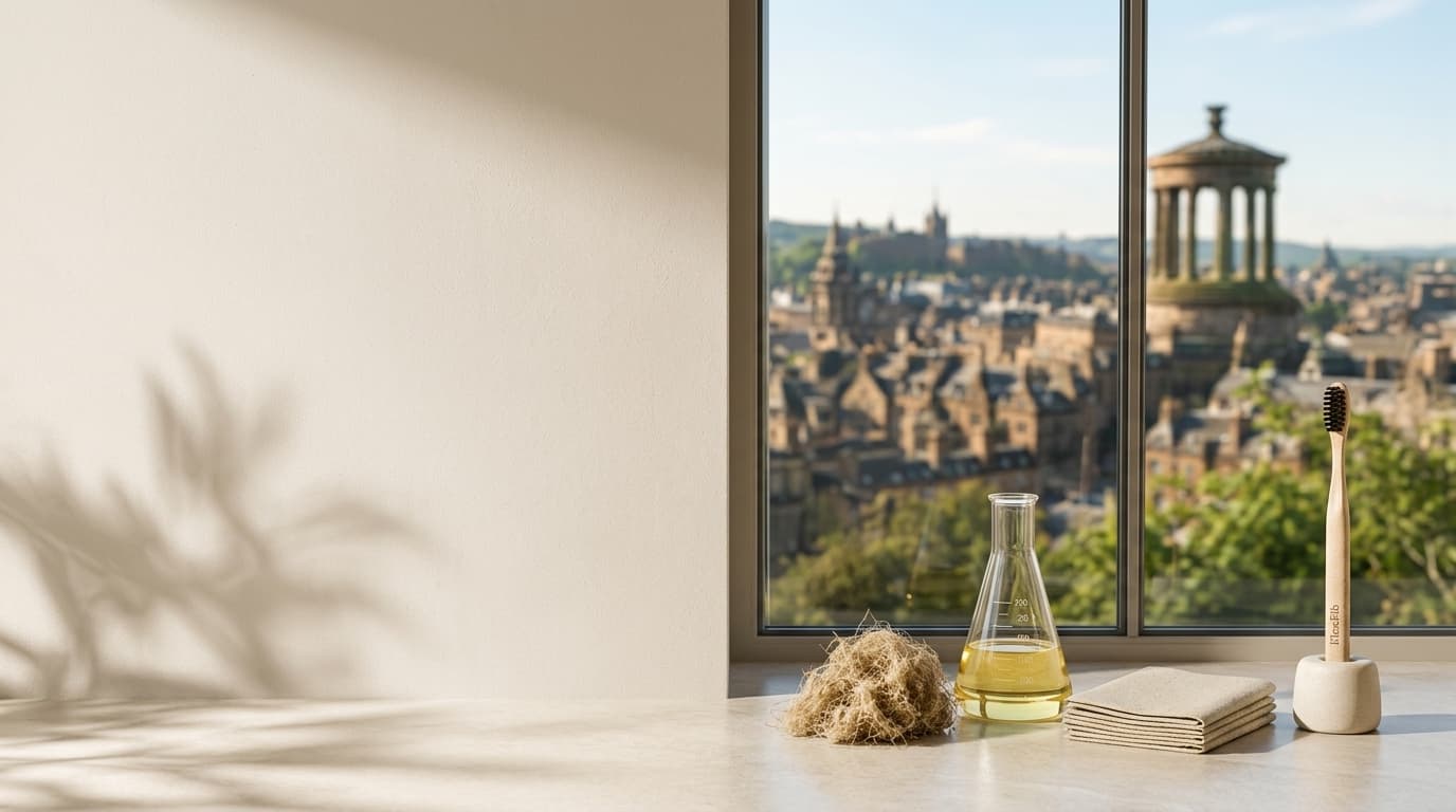 Raw hemp fibre and a toothbrush on a windowsill overlooking Edinburgh