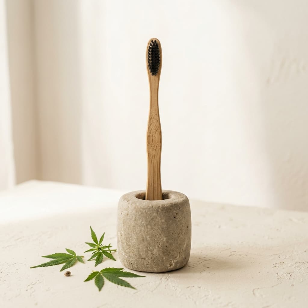 A toothbrush standing in a stone holder beside hemp leaves